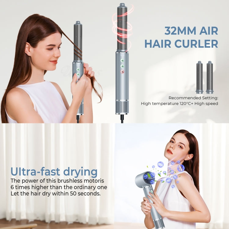 Gray 32mm air hair curler with wand held near hair during styling