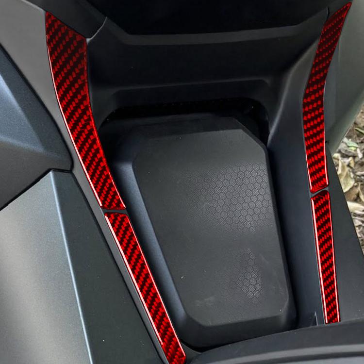 Carbon-fiber look fuel tank side sticker set: four red vertical trim strips.