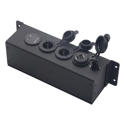Car USB power box with voltmeter, switch controls, and mounting bracket