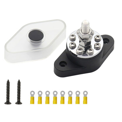 Multi-channel current bus terminal with white cover, black base, mounting studs, yellow ring terminals