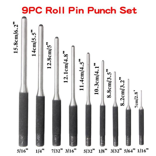 Nine roll pin punch tools with textured black handles and silver tips