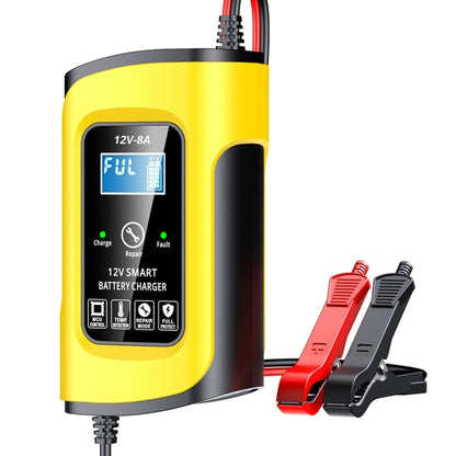 Yellow and black 12V smart battery charger with LED screen and red/black clamps