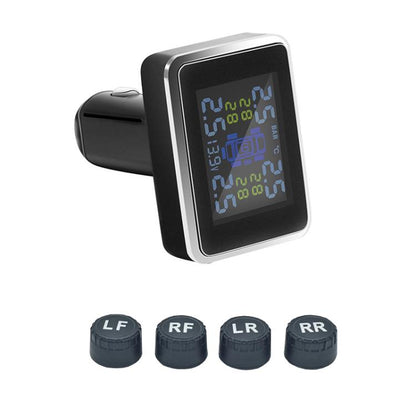 Wireless tire pressure monitor display unit with black body and silver trim