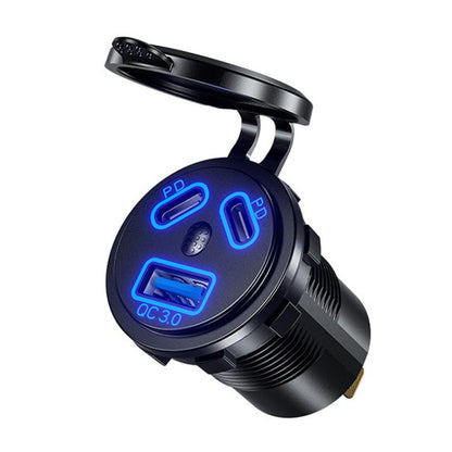 Round 12–24V car charger adapter with blue-lit PD and QC3.0 ports