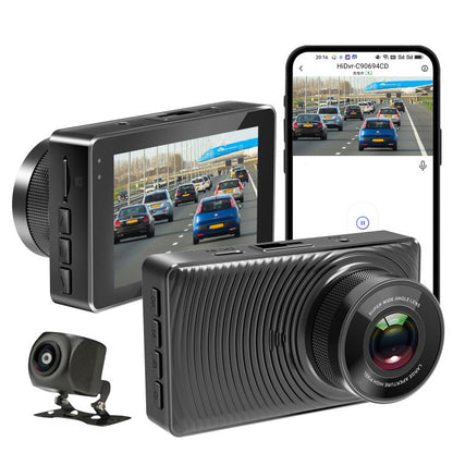 Dual front and rear dash cam with front screen display and rear camera module