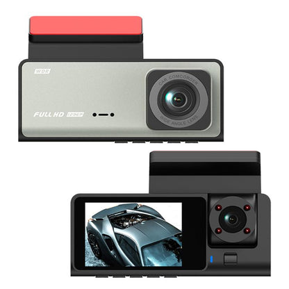 Triple-lens car dash cam with front camera, dual-lens module, and red top panel