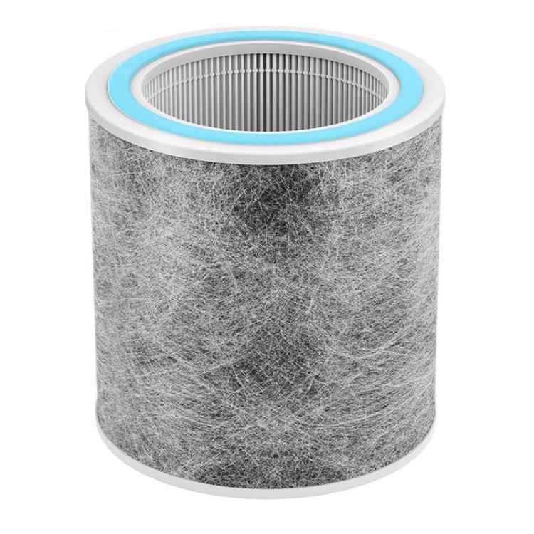 HEPA air purifier replacement filter with blue ring, cylindrical grey fabric