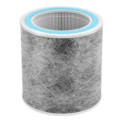HEPA air purifier replacement filter with blue ring, cylindrical grey fabric