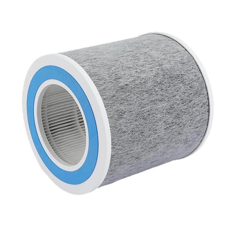 HEPA replacement filter side view: grey cylindrical cartridge with blue rim