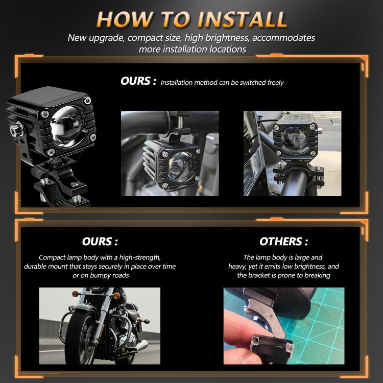 40W Motorcycle Wired Switch Integrated Waterproof Demon Eye Spotlight, Orange Light