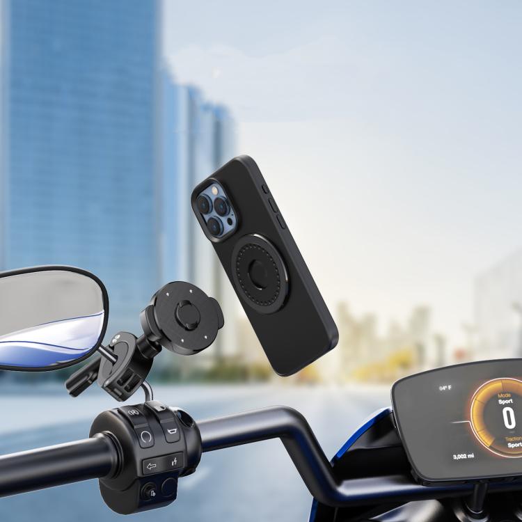 Magnetic phone holder clipped to handlebars, black circular ring and snap clamp