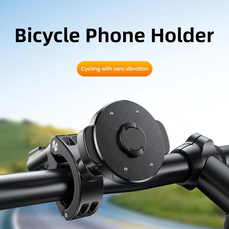 Bike phone holder with textured circular magnetic face and snap clamp, black