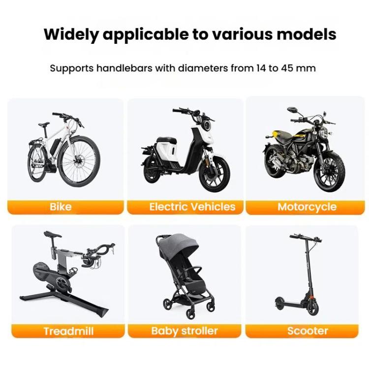Phone holder shown for use with bikes, electric vehicles, motorcycles, strollers, and scooters