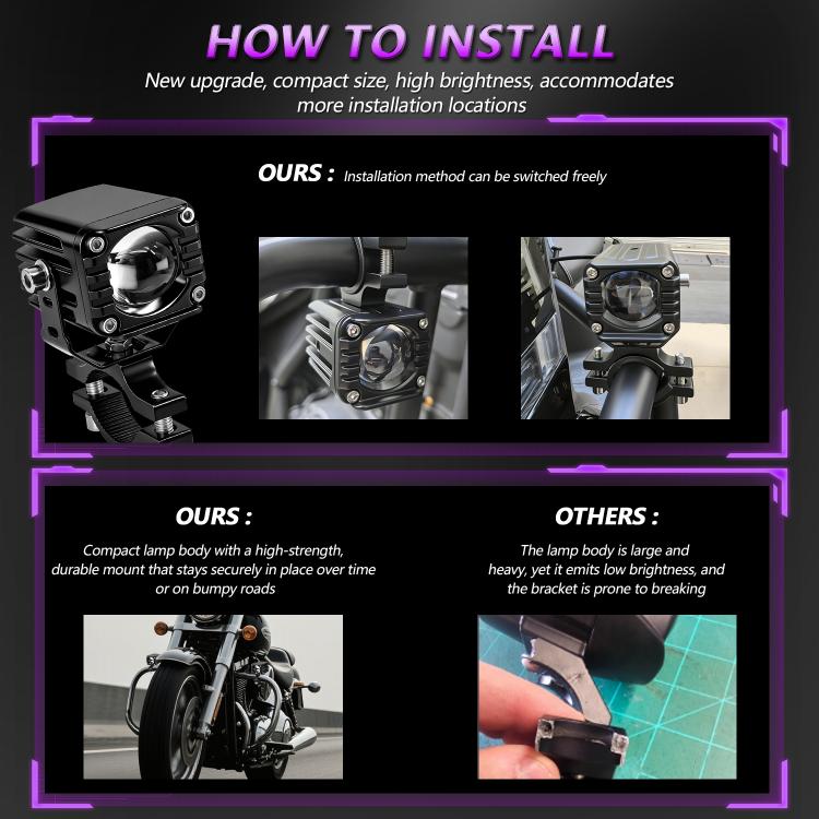 40W Motorcycle Wired Switch Integrated Waterproof Demon Eye Spotlight, Purple Light
