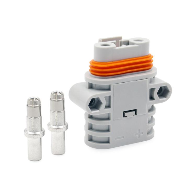 Automotive waterproof power connector, gray housing with orange wire and two metal pins