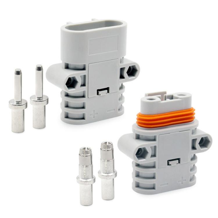 Automotive waterproof power connector pair with gray housings and metal pins