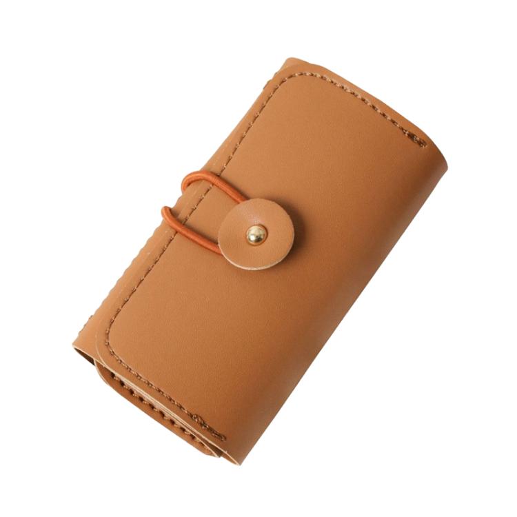 PU leather-style jewelry storage pouch with snap closure, tan-brown