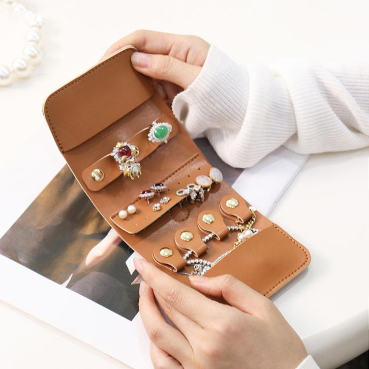 PU jewelry organizer wallet with open compartments for earrings and rings, tan-brown