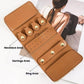 Travel jewelry roll organizer with ring, earring, and necklace sections, tan-brown