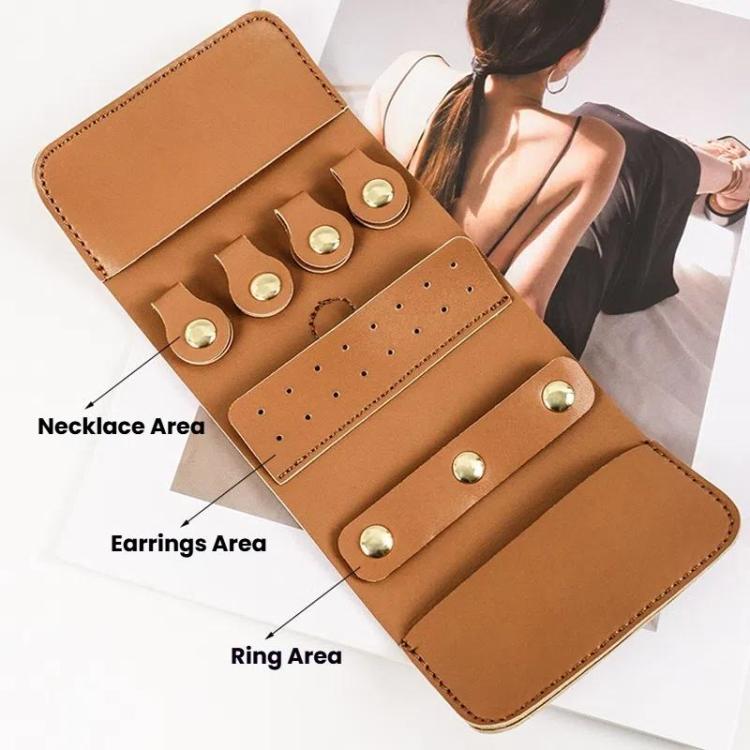 Travel jewelry roll organizer with ring, earring, and necklace sections, tan-brown