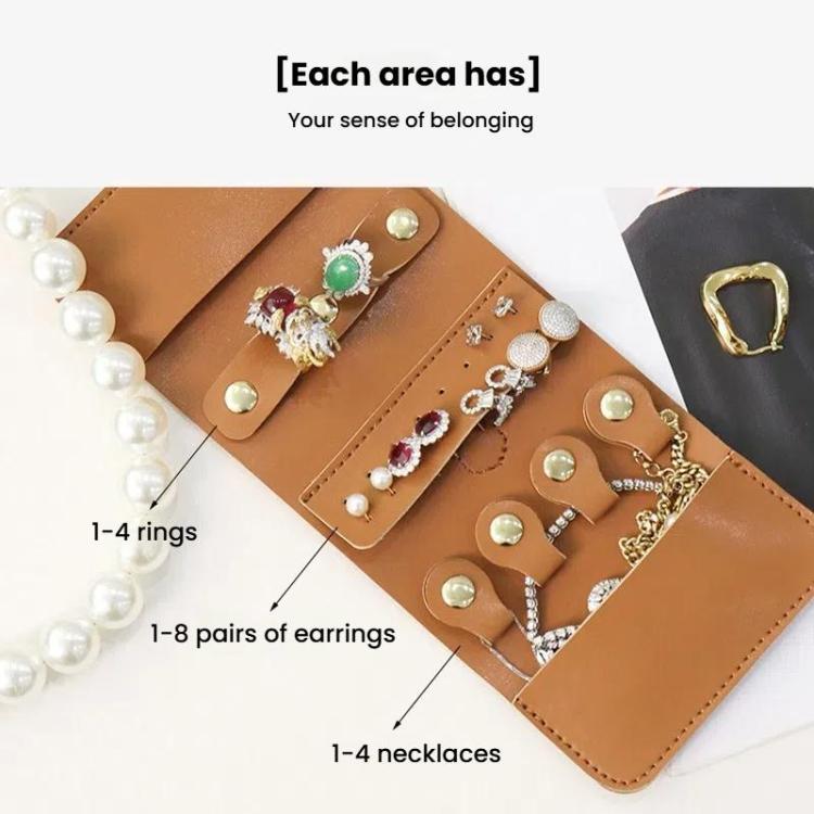 PU jewelry organizer wallet with slots for rings, earrings, and necklaces, tan-brown