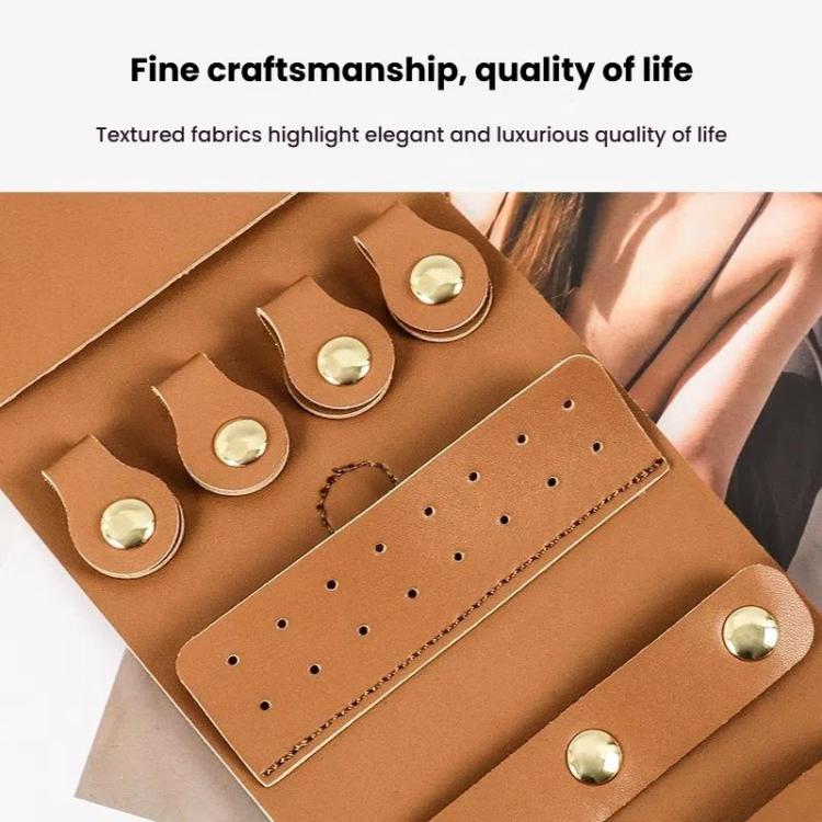 PU jewelry storage wallet with ring and earring holder sections, tan-brown
