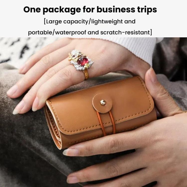 PU jewelry travel pouch with snap strap closure, tan-brown