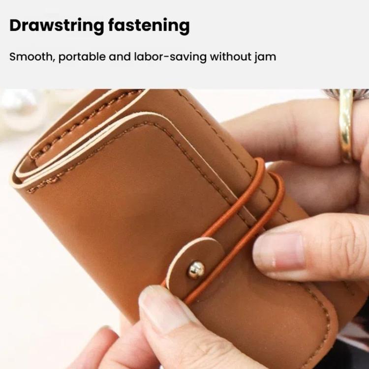 PU jewelry organizer pouch with drawstring-style fastening and snap button, tan-brown