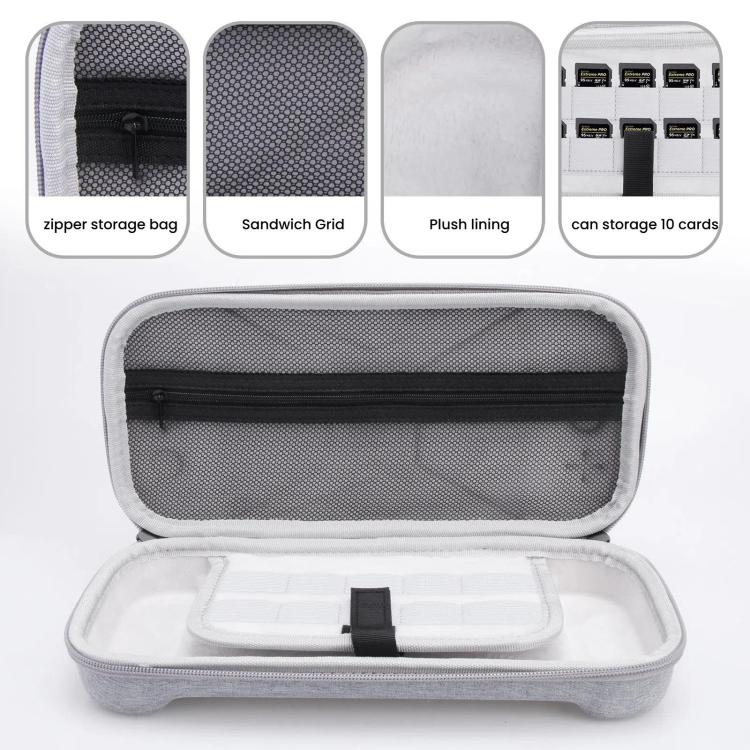 Gray EVA storage bag opened, showing inner mesh pocket and card storage area.