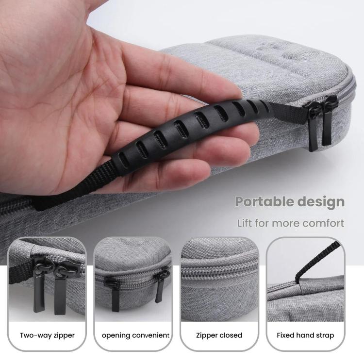 Gray EVA storage bag with fixed hand strap and two-way zipper, close-up detail.