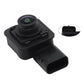Black rear view camera sensor with circular lens and electrical connector end