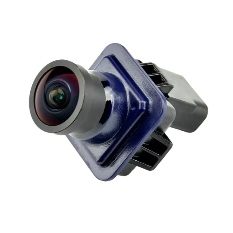 Rearview camera module angled view with circular lens and blue mounting frame