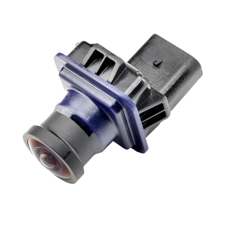 Rearview camera module side view with circular lens and black electrical connector