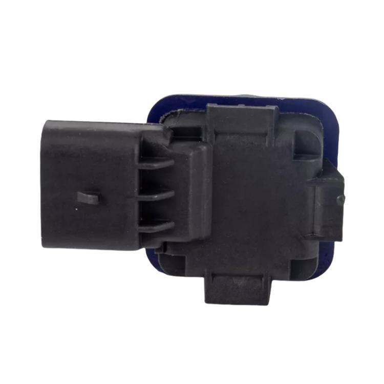 Rearview camera connector block with blue trim on black plastic housing