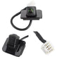 Rear view reversing camera shown from multiple angles, black lens module with white connectors