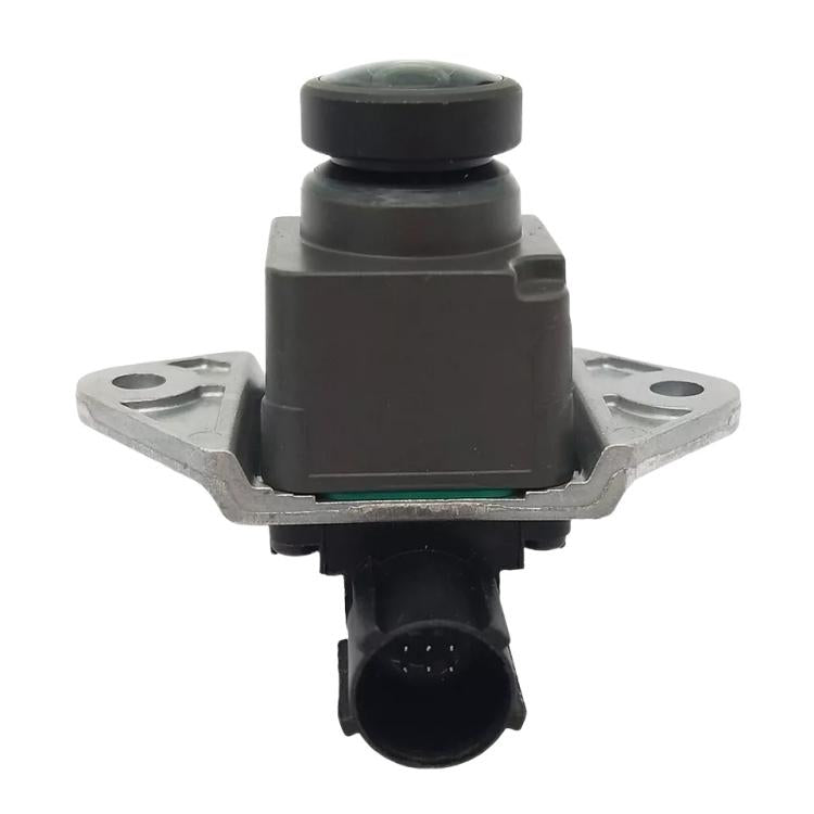 Rearview camera module with dark housing, lens, and two metal side brackets
