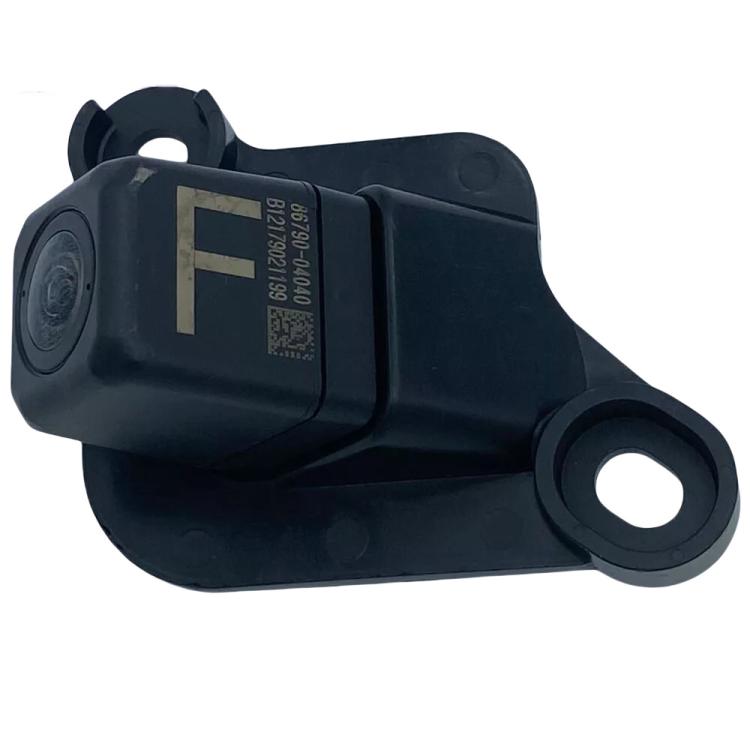 Rearview reversing camera module, black housing, visible lens and label on side