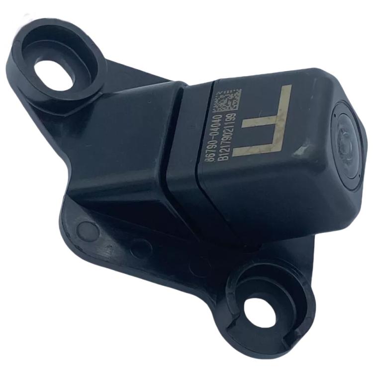 Rearview reversing camera module with black housing and side label, lens on corner