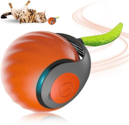 Orange smart self-rolling cat toy ball with green tentacle and black base, USB rechargeable.