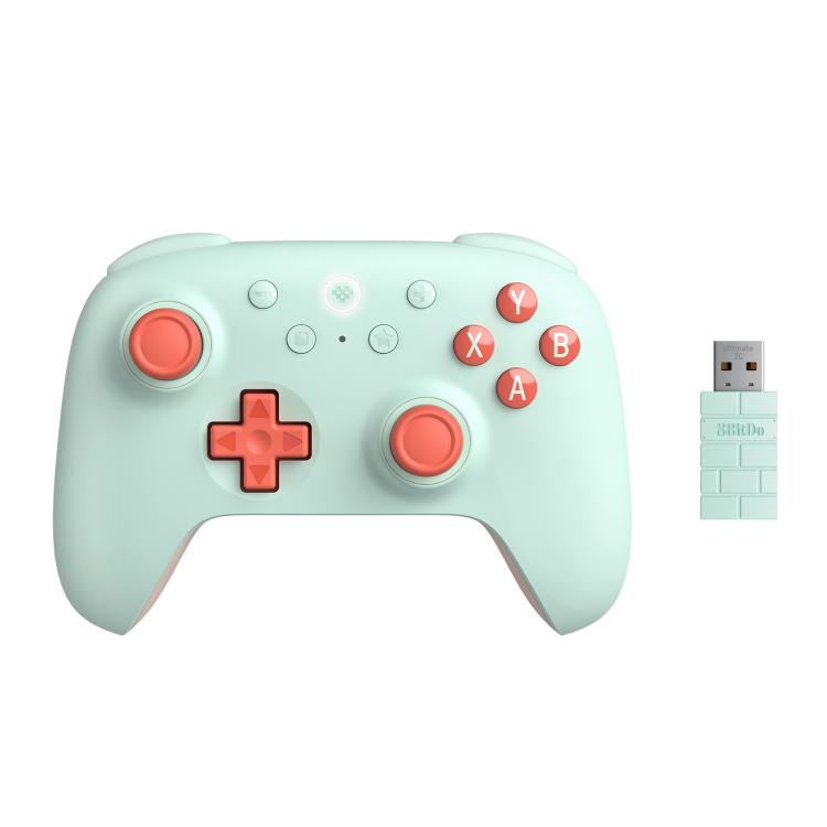Wireless gaming controller, mint green body with red D-pad and ABXY buttons