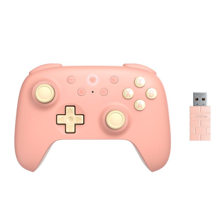 Wireless gaming controller, peach pink body with cream D-pad and ABXY button labels