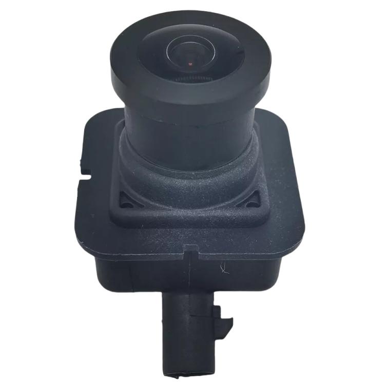 Rearview assist camera module in black plastic housing, front lens visible