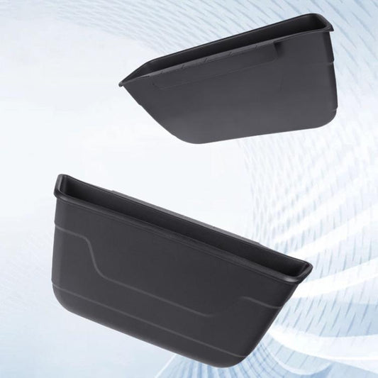 Car seat rear wet/dry storage box, dark gray, two angles showing open-top bin