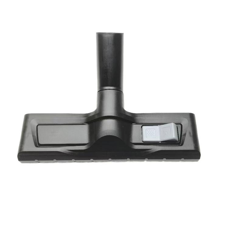 Floor cleaning brush attachment with white push-button on gray base