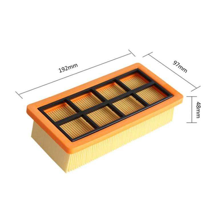 Orange rectangular vacuum cartridge filter with pleated paper media, 192mm length