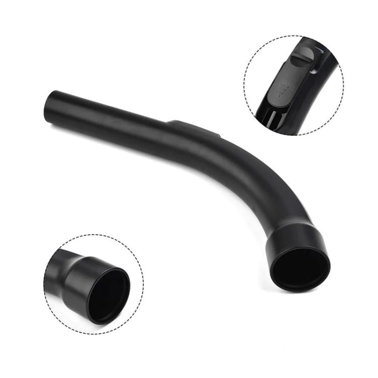 Curved vacuum cleaner handle with open nozzle end and connector detail