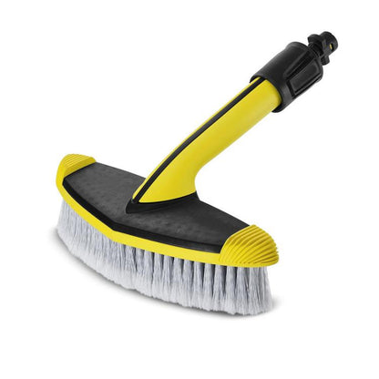 High-pressure car washer cleaning brush with yellow handle and gray bristle pad
