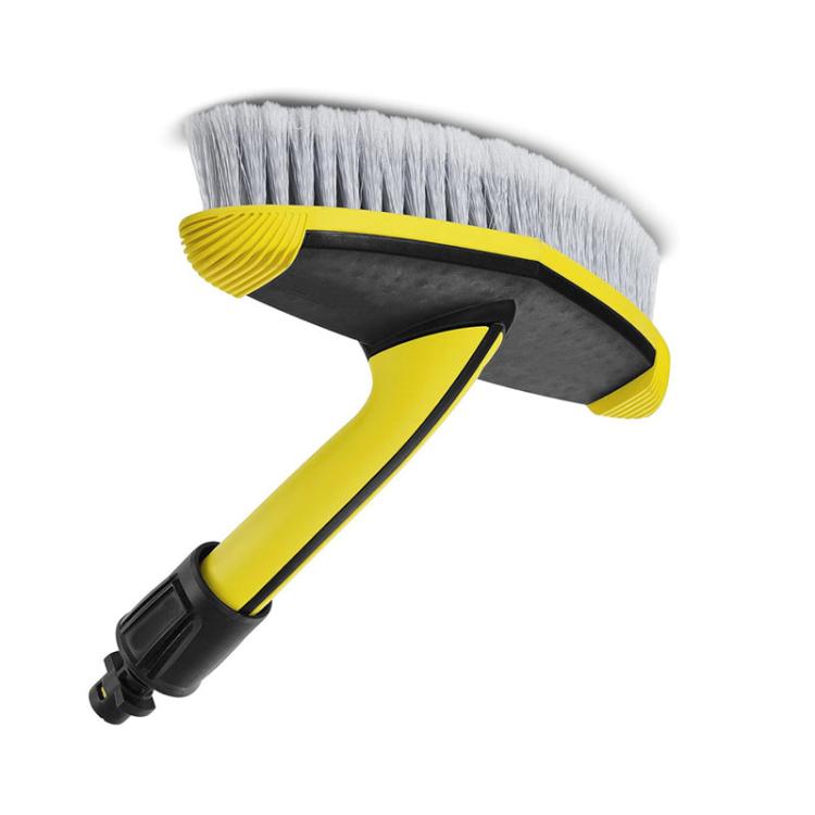 Car cleaning brush attachment with long yellow handle and soft gray bristles