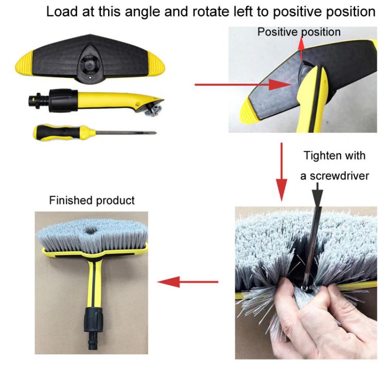 Adjustable brush head with mounting screw; screwdriver shown for tightening