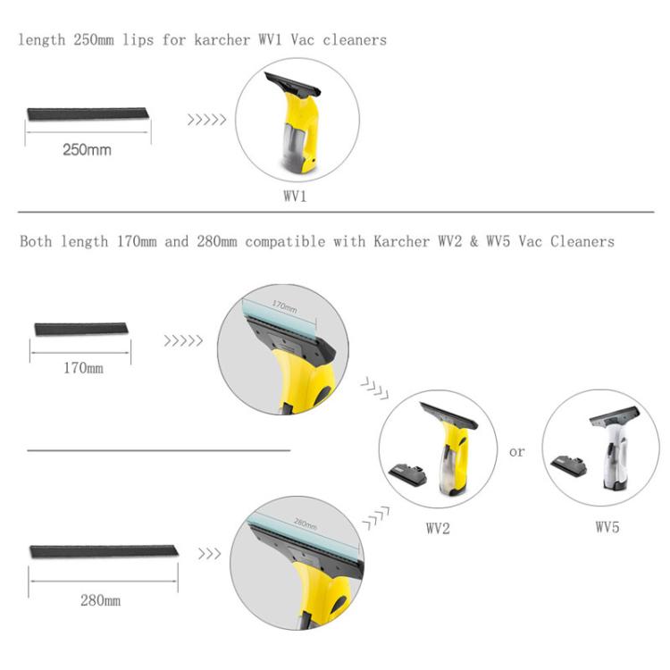 Set of Karcher rubber scraper tips in 170mm, 250mm, and 280mm lengths